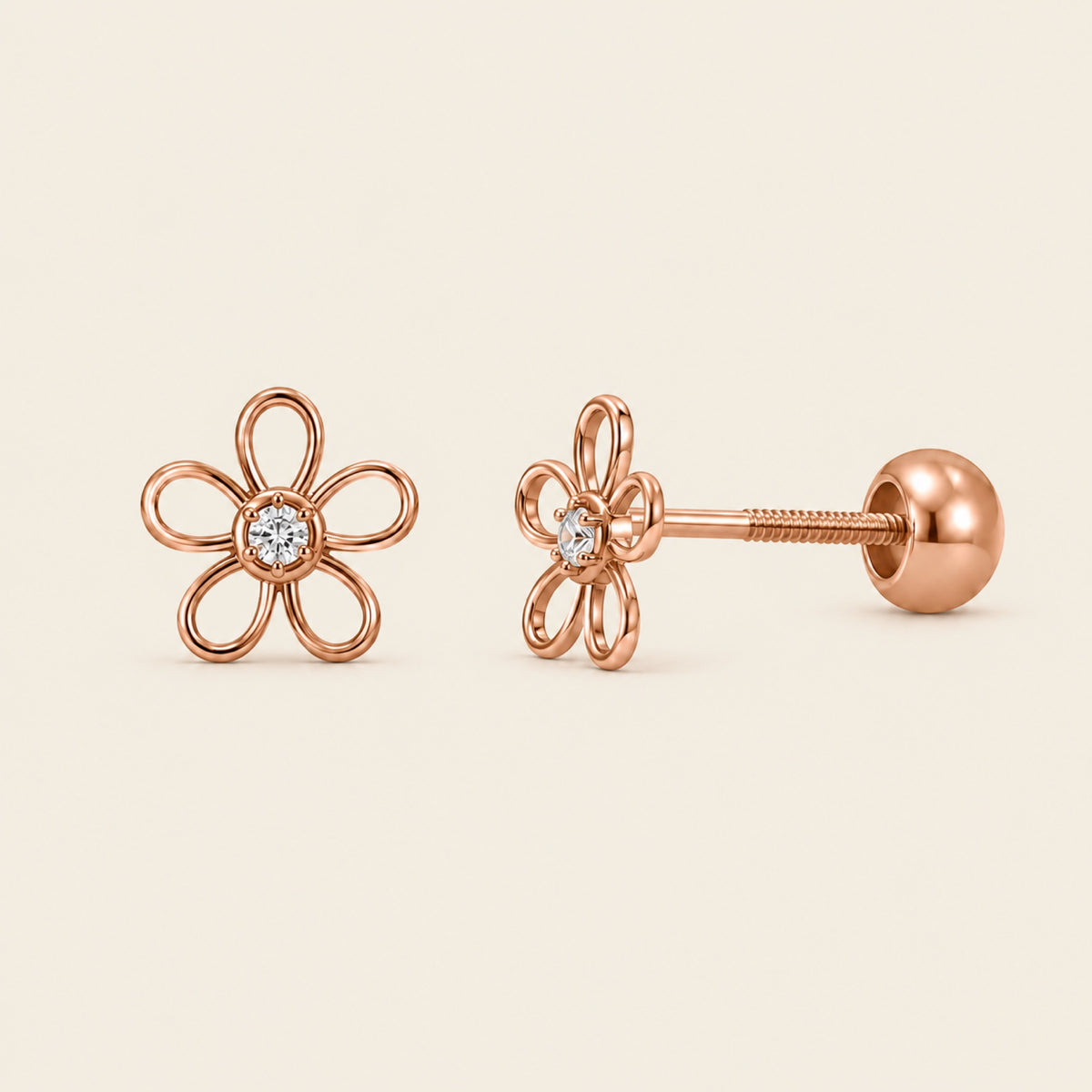 Mi Primer Diamante – Broqueles de Oro Rosa 14k con Diamante en Margarita