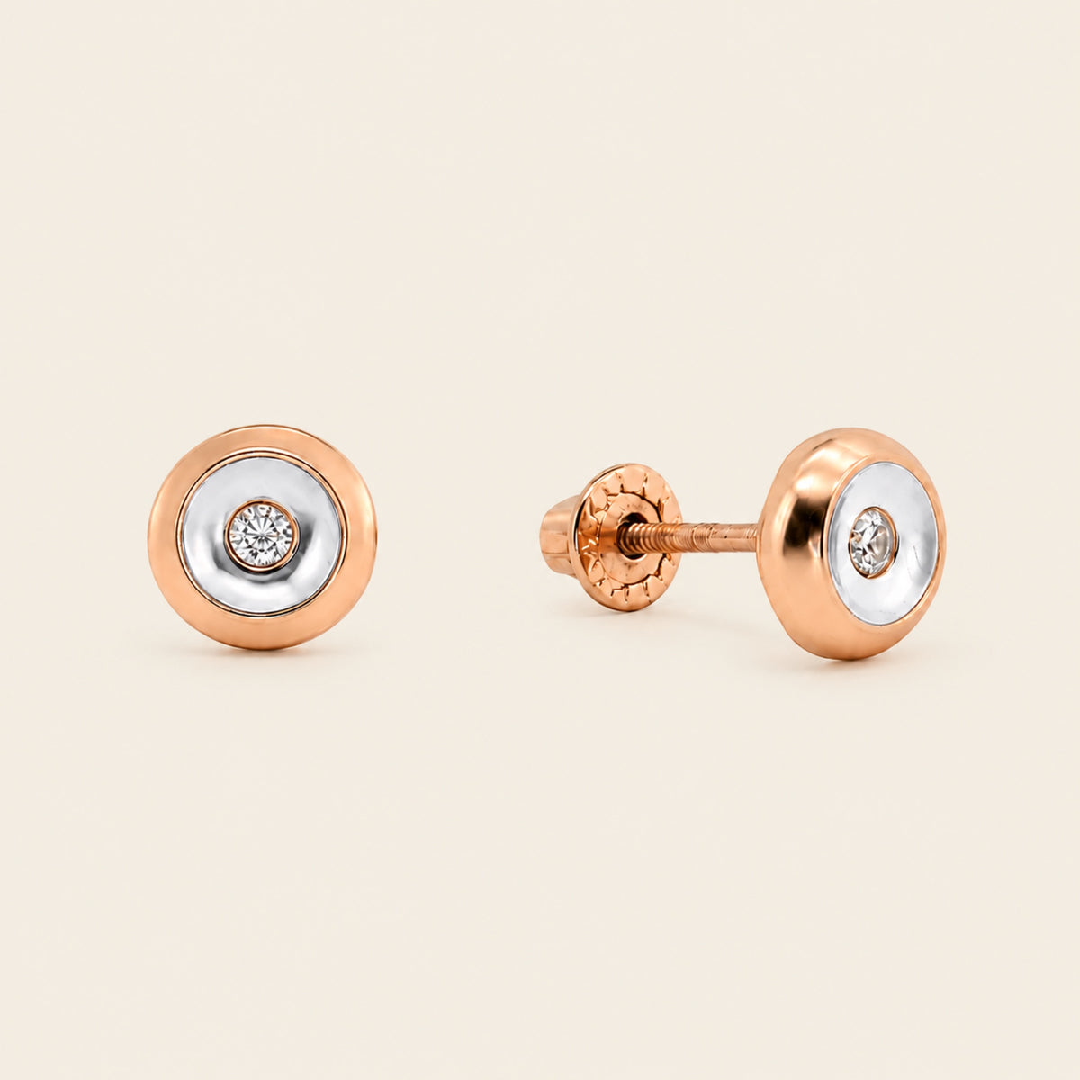 Mi Primer Diamante – Broqueles de Oro Rosa y Blanco 14k con Diamante en Bisel
