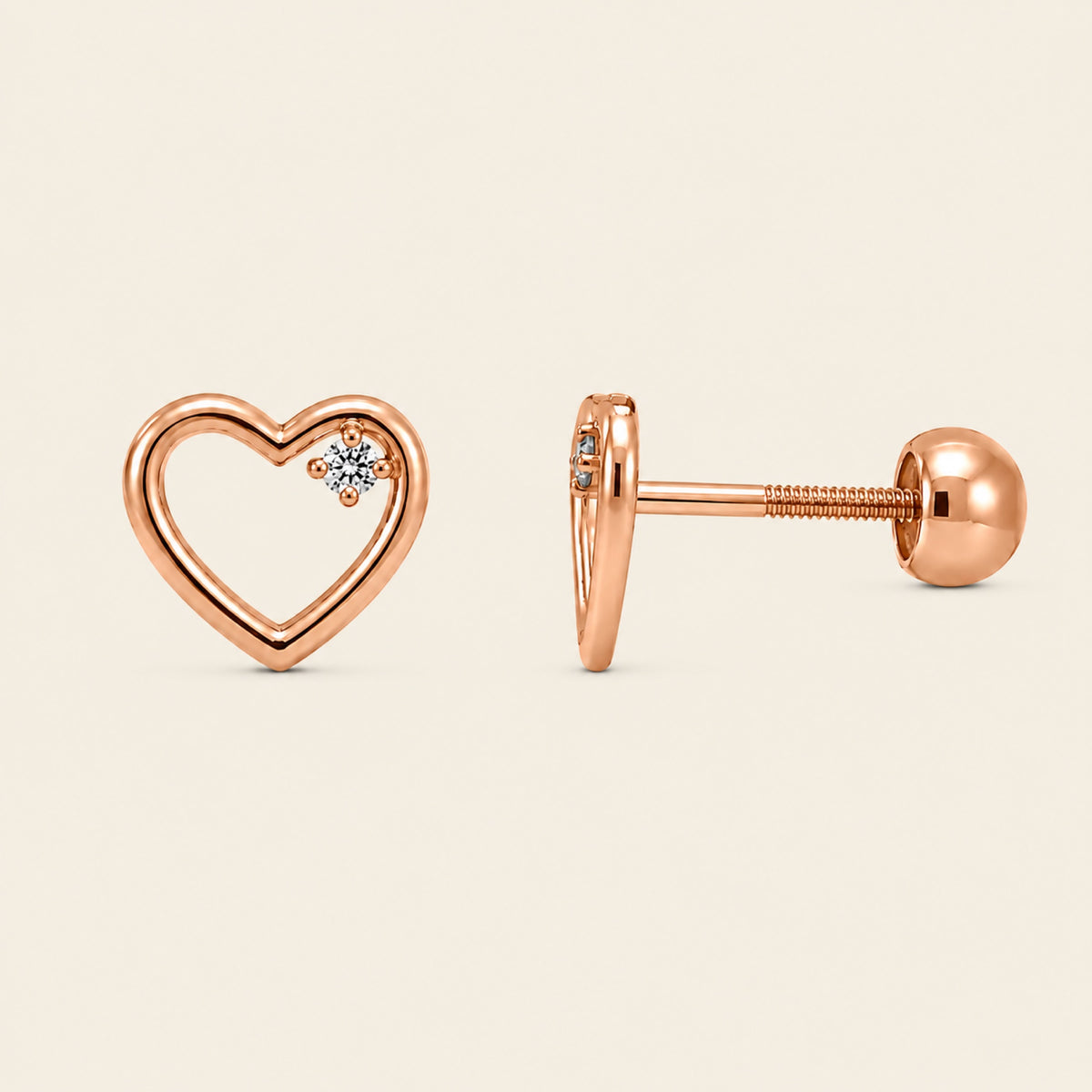 Mi Primer Diamante – Broqueles de Oro Rosa 14k con Diamante en Corazón