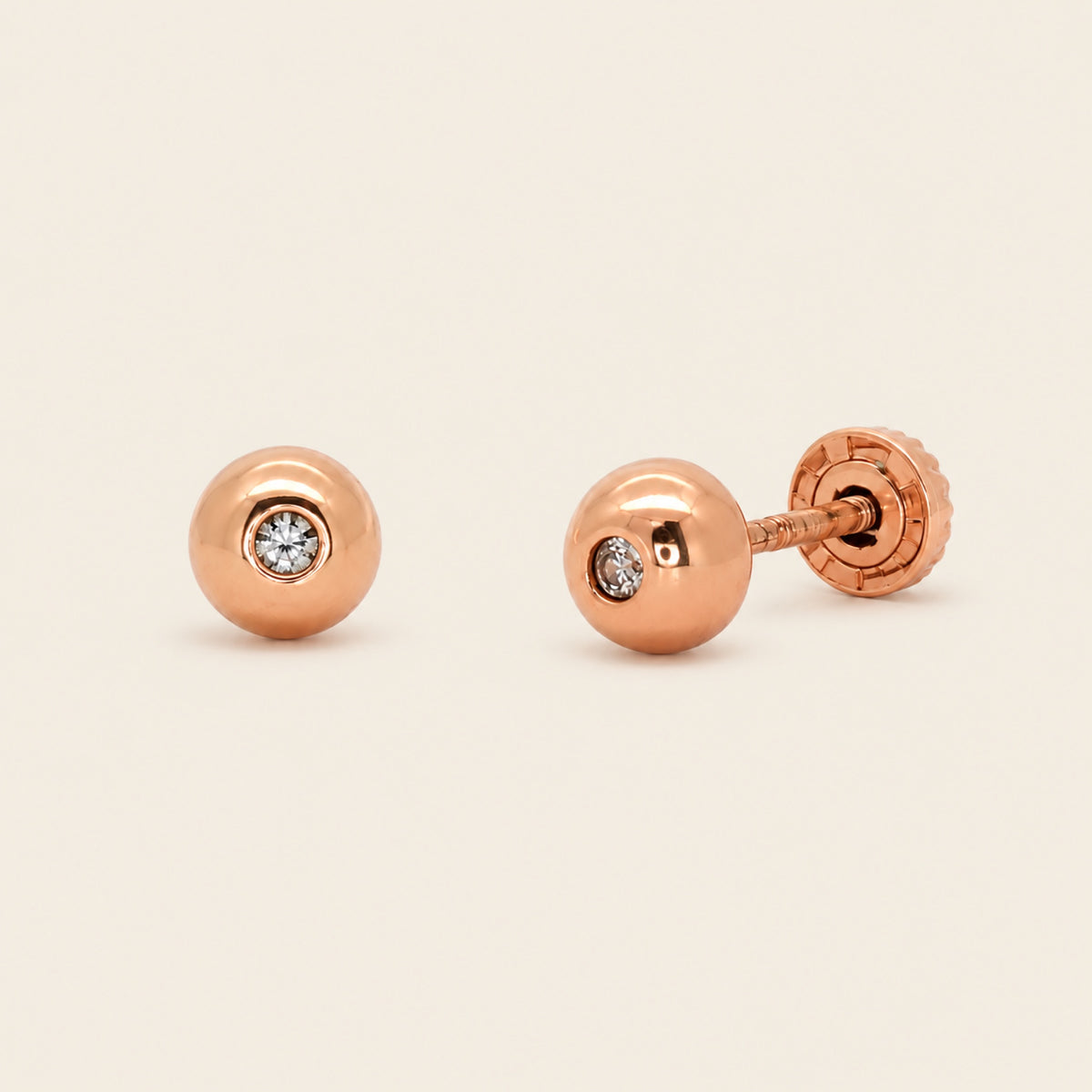 Mi Primer Diamante – Broqueles de Oro Rosa 14k con Diamante Incrustado en Bolita