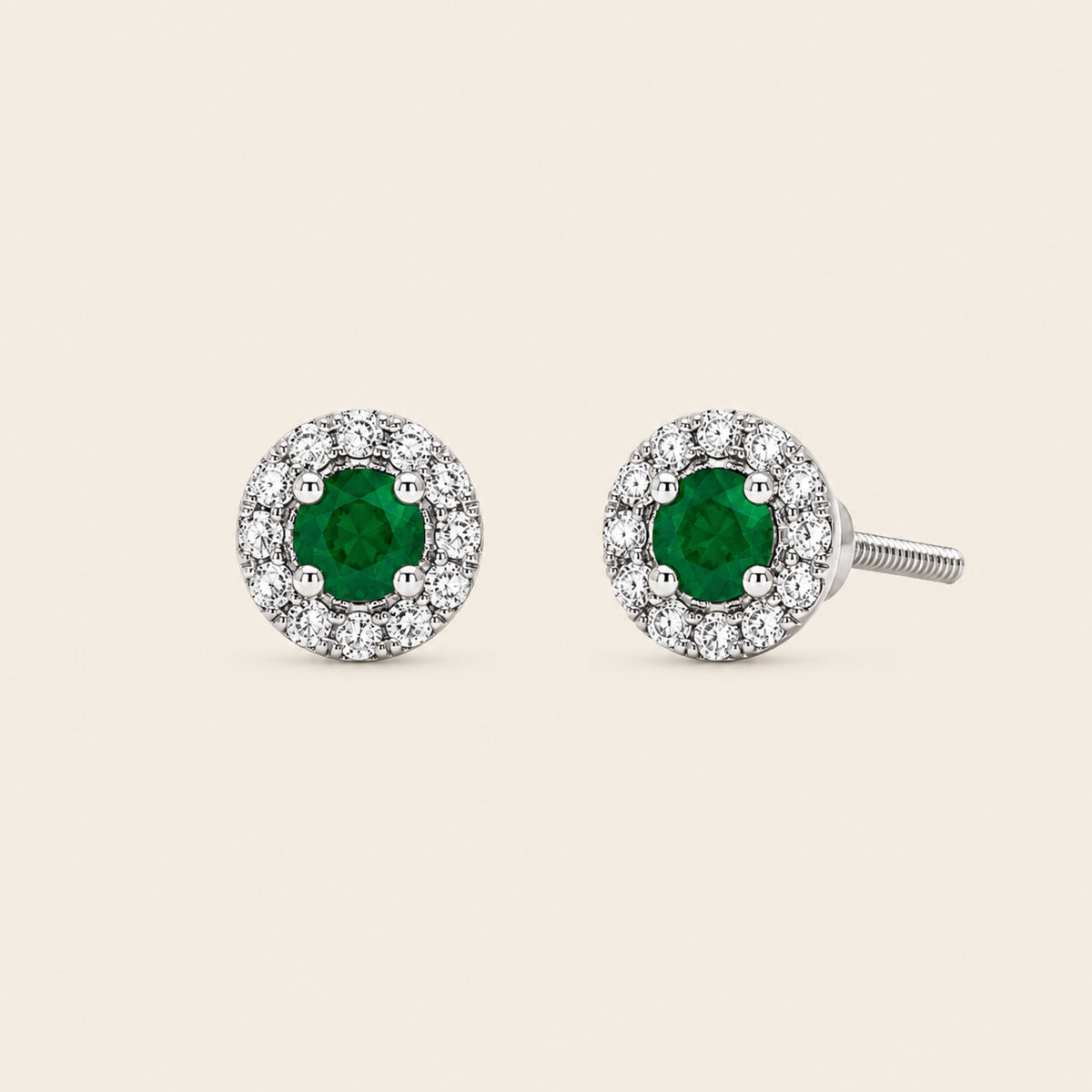 Broqueles de Oro Blanco 14k con Esmeralda Natural y Halo de Diamantes