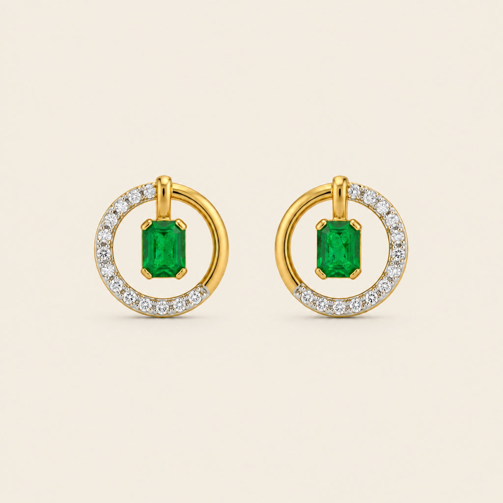 Aretes de Oro Amarillo 14k con Esmeralda Natural Colgante y Aro de Diamantes