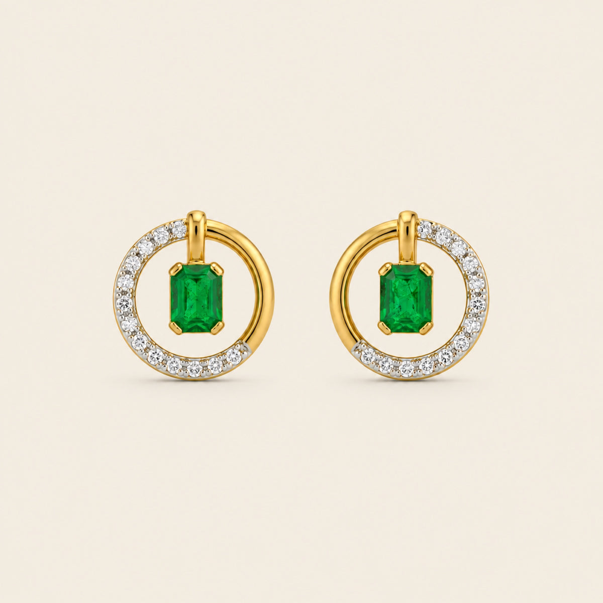 Aretes de Oro Amarillo 14k con Esmeralda Natural Colgante y Aro de Diamantes