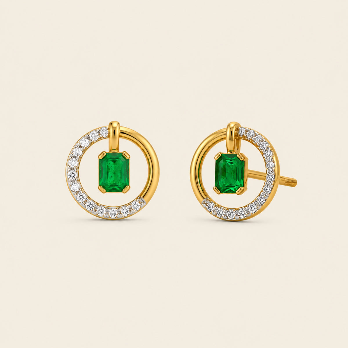 Aretes de Oro Amarillo 14k con Esmeralda Natural Colgante y Aro de Diamantes