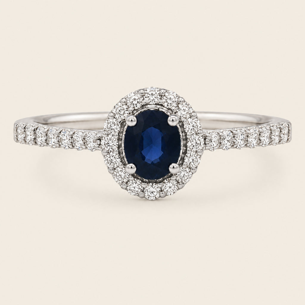 Elena – Anillo Halo de Oro Blanco 14k con Zafiro Ovalado
