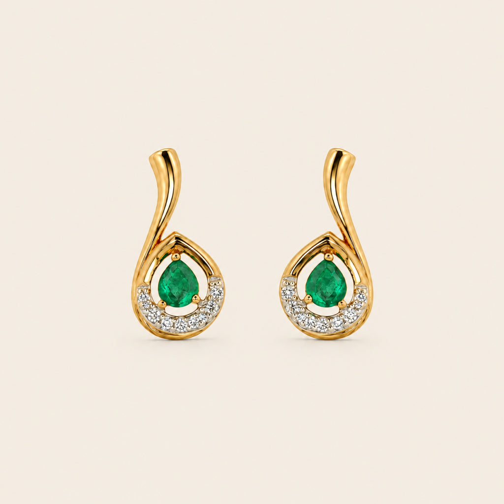Aretes Gota de Oro Amarillo 14k con Esmeralda Pera Natural y Diamantes