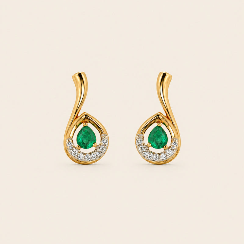 Aretes Gota de Oro Amarillo 14k con Esmeralda Pera Natural y Diamantes