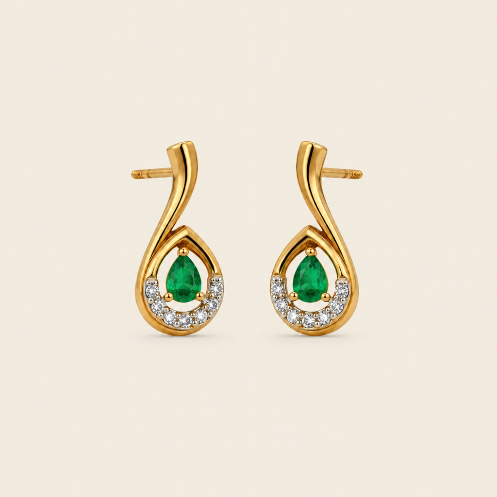 Aretes Gota de Oro Amarillo 14k con Esmeralda Pera Natural y Diamantes