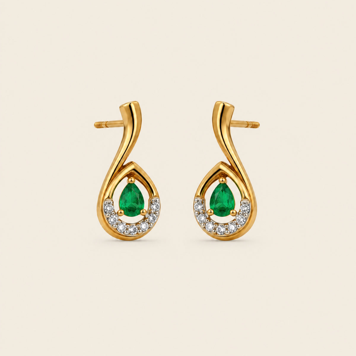 Aretes Gota de Oro Amarillo 14k con Esmeralda Pera Natural y Diamantes