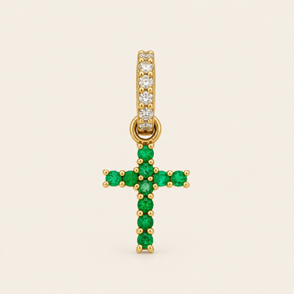 Dije de Cruz de Oro Amarillo 14k con Esmeraldas y Diamantes