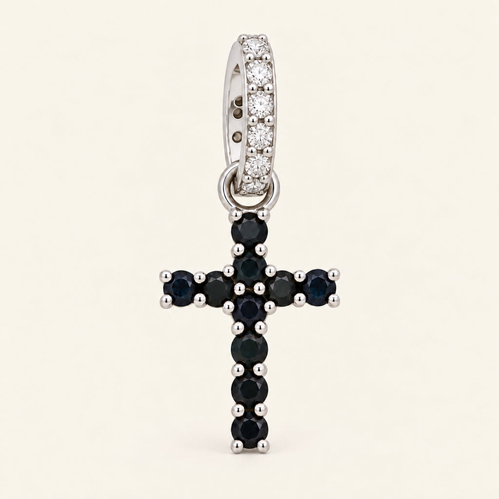 Dije de Cruz de Oro Blanco 14k con Zafiros y Diamantes