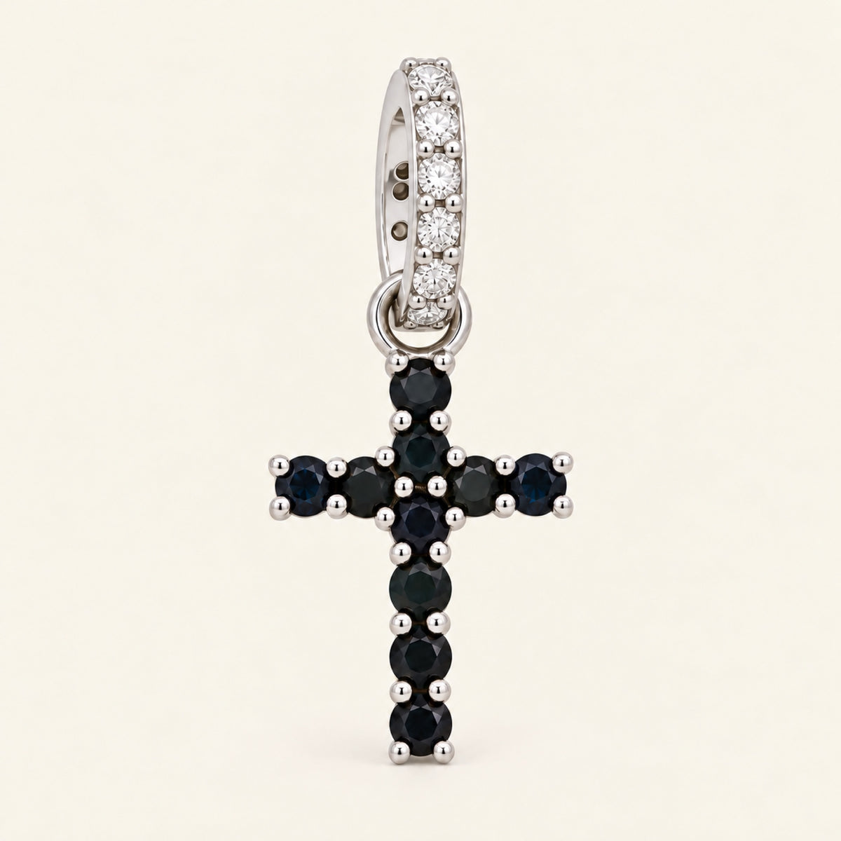 Dije de Cruz de Oro Blanco 14k con Zafiros y Diamantes