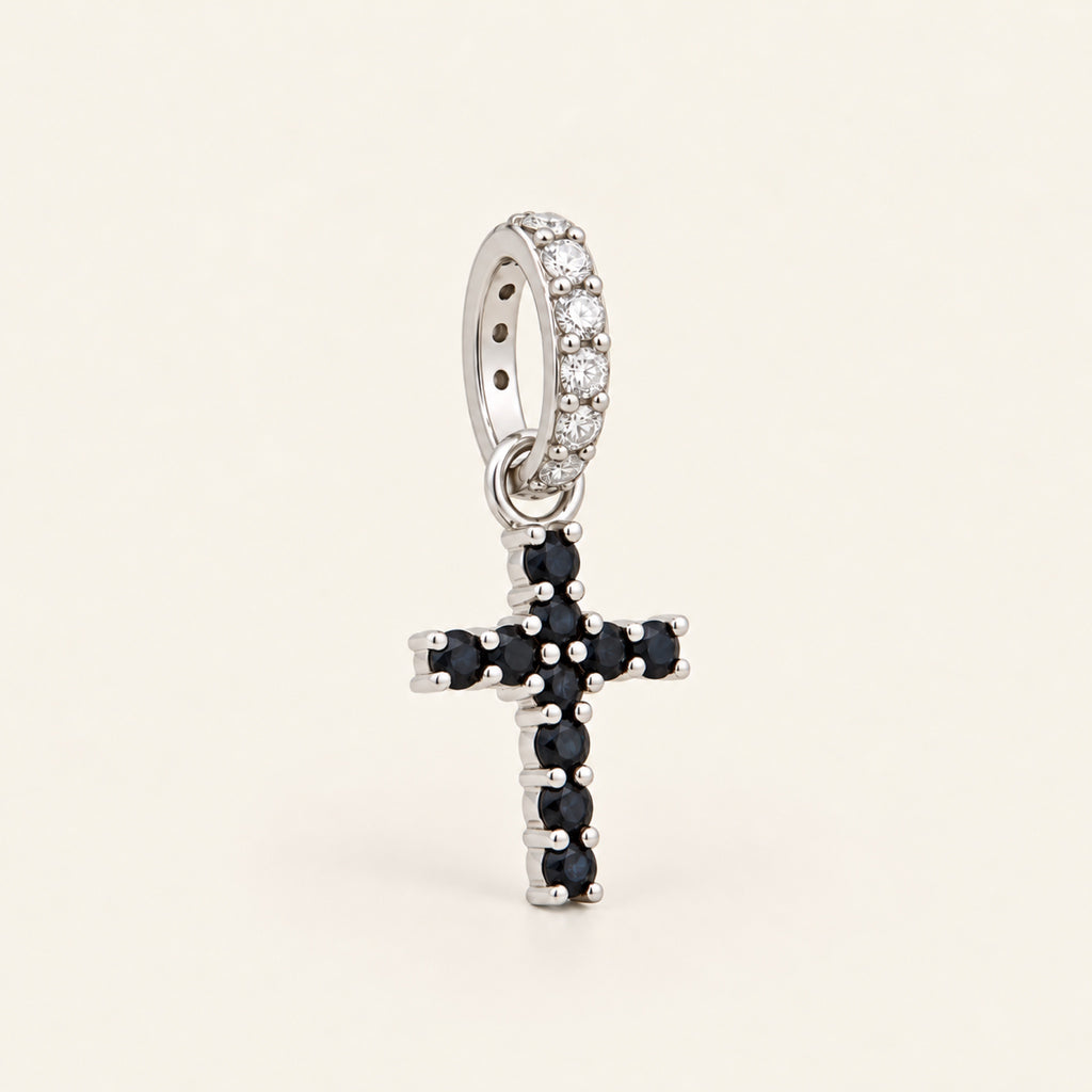 Dije de Cruz de Oro Blanco 14k con Zafiros y Diamantes