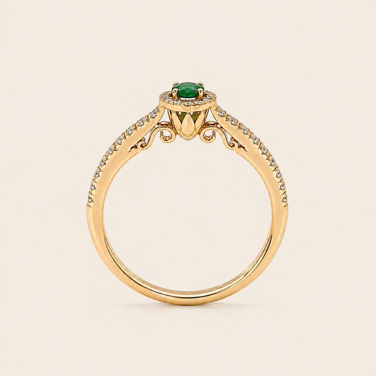 Camila – Anillo Halo de Oro Amarillo 14k con Esmeralda Redonda