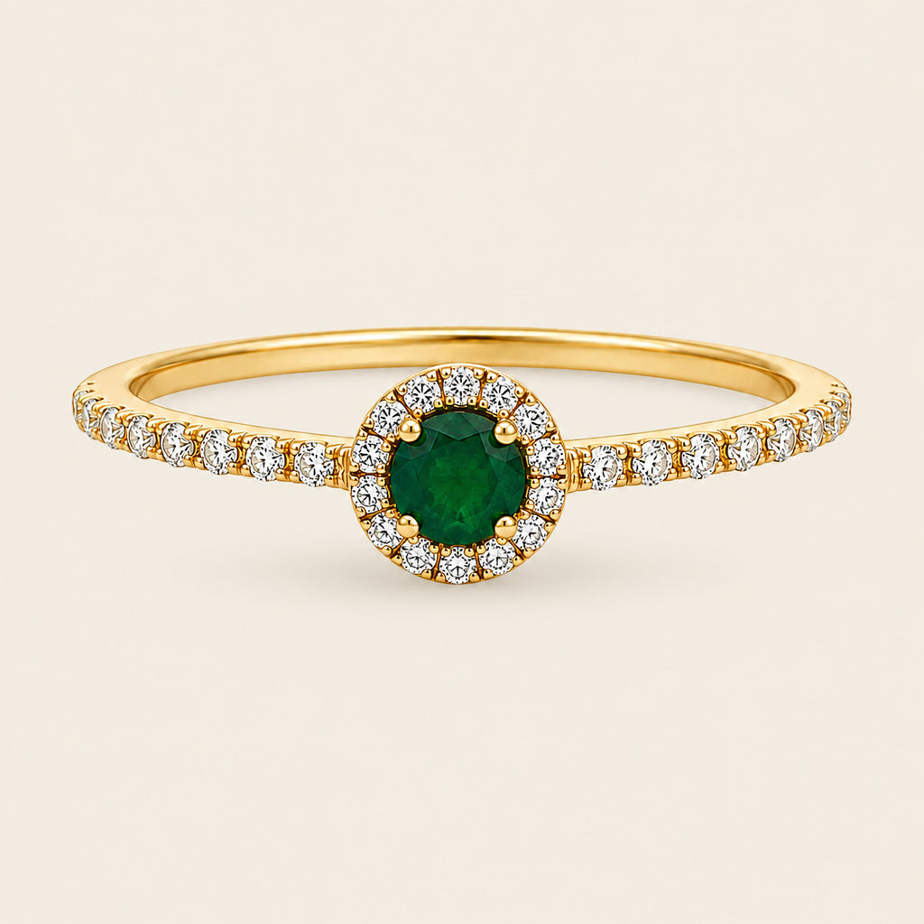 Camila – Anillo Halo de Oro Amarillo 14k con Esmeralda Redonda