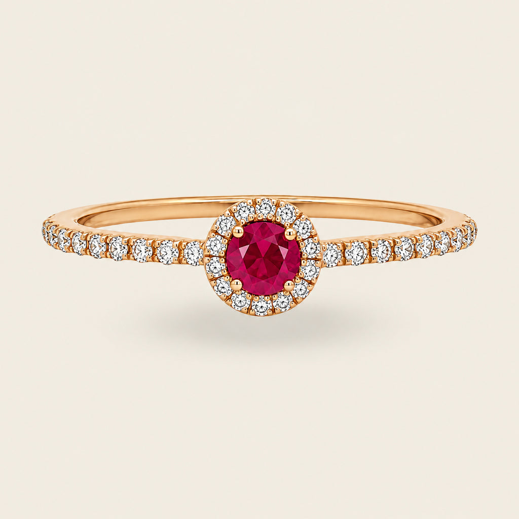 Valentina – Anillo Halo de Oro Amarillo 14k con Rubí Redondo