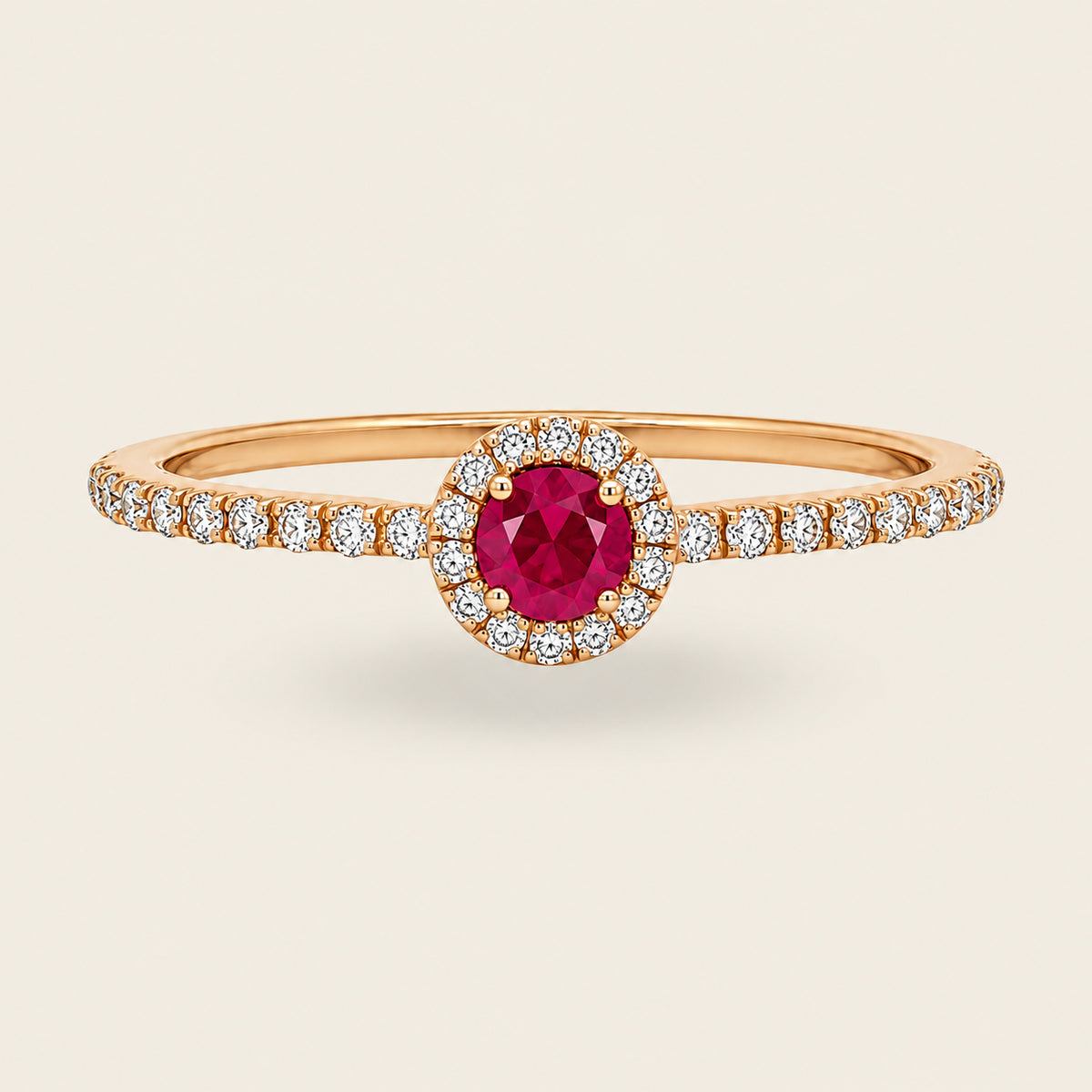 Valentina – Anillo Halo de Oro Amarillo 14k con Rubí Redondo