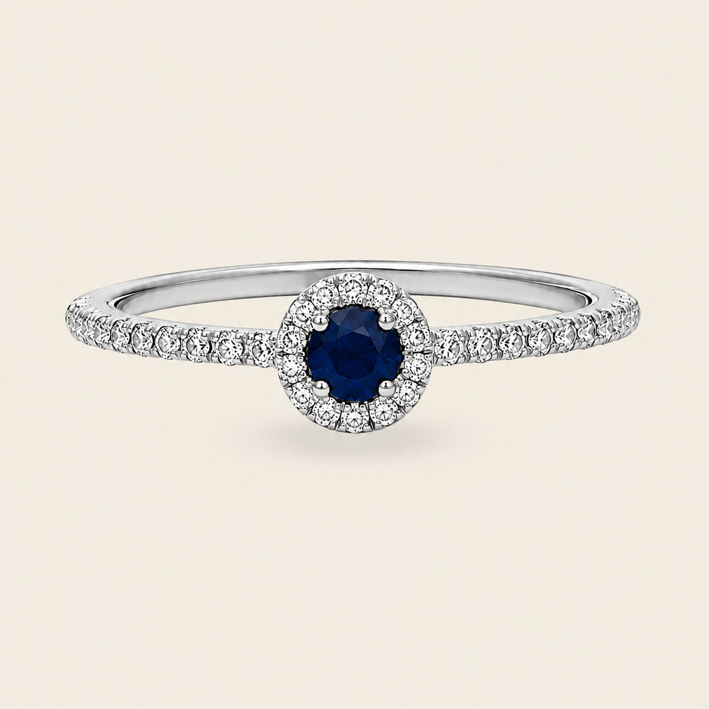 Isabela – Anillo Halo de Oro Blanco 14k con Zafiro Redondo