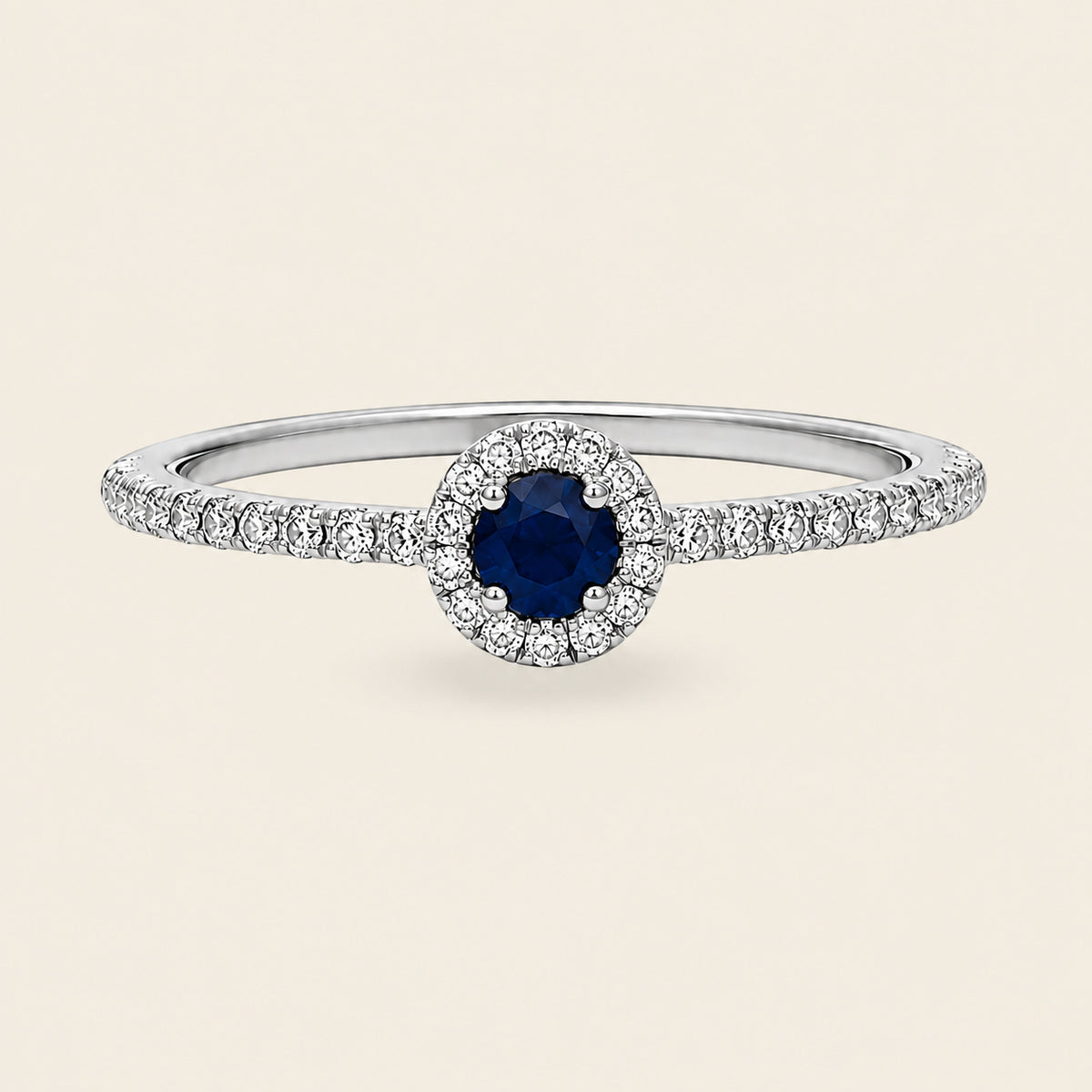 Isabela – Anillo Halo de Oro Blanco 14k con Zafiro Redondo