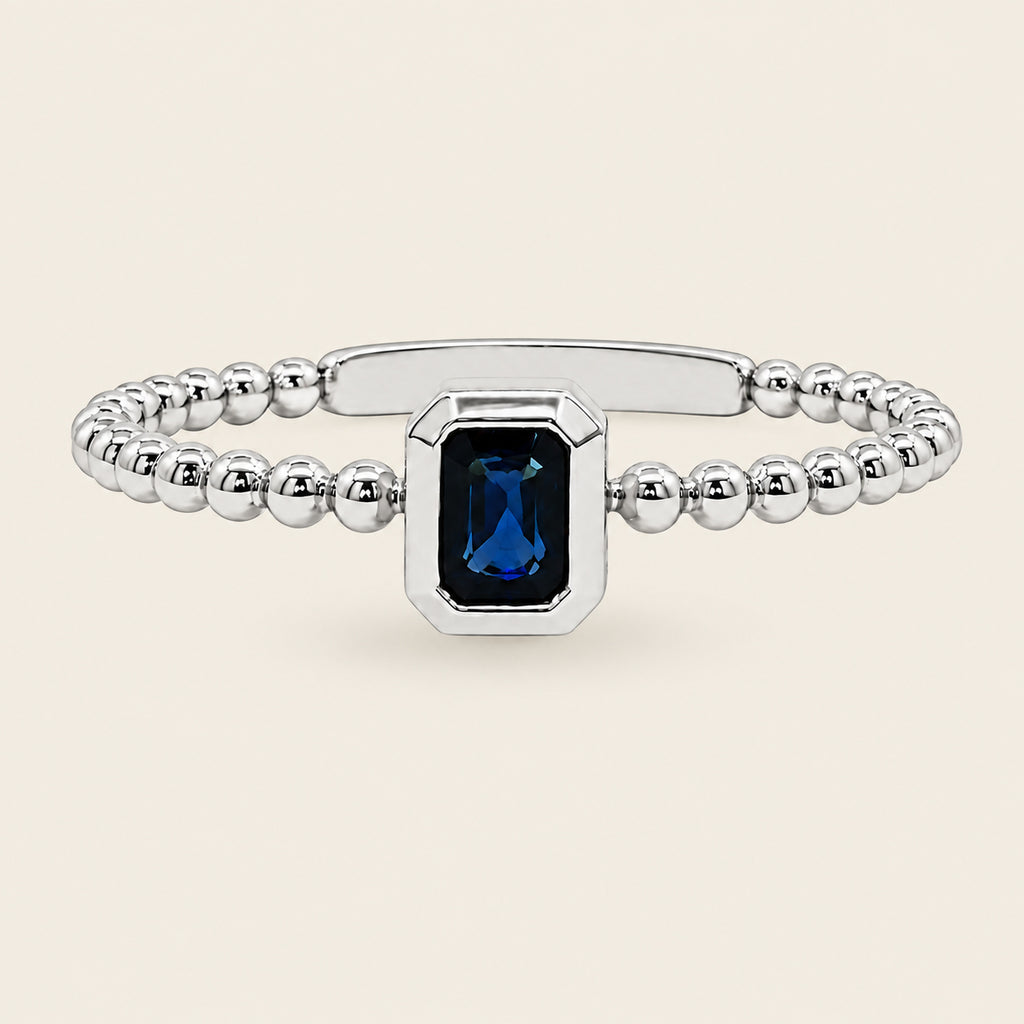 Ondina – Anillo Bezel de Bolitas de Oro Blanco 14k con Zafiro