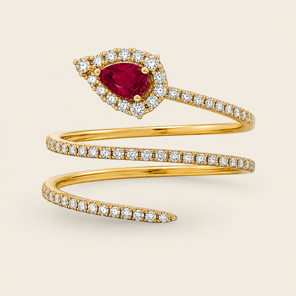 Cassandra – Anillo Espiral de Oro Amarillo 14k con Rubí y Diamantes