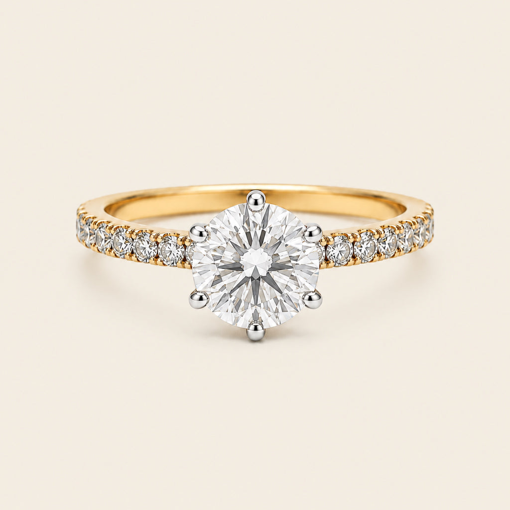 Anillo Solitario de Compromiso de Oro Amarillo 14k con Diamante de Laboratorio y Caña de Diamantes