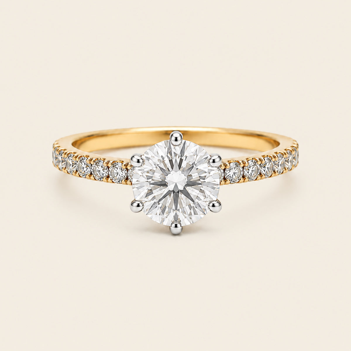 Anillo Solitario de Compromiso de Oro Amarillo 14k con Diamante de Laboratorio y Caña de Diamantes