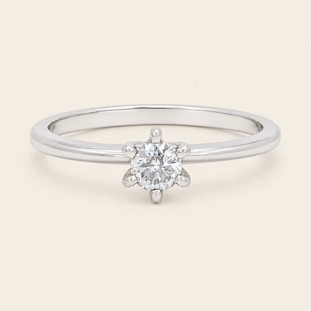 Anillo Solitario de Compromiso de Oro Blanco 14k con Diamante y Engaste de Seis Garras