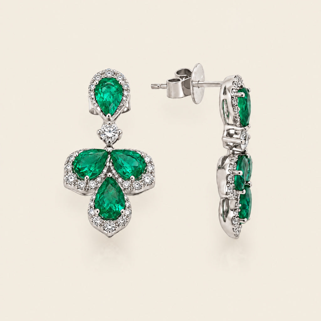Aretes de Oro Blanco 14k con Esmeralda y Diamante