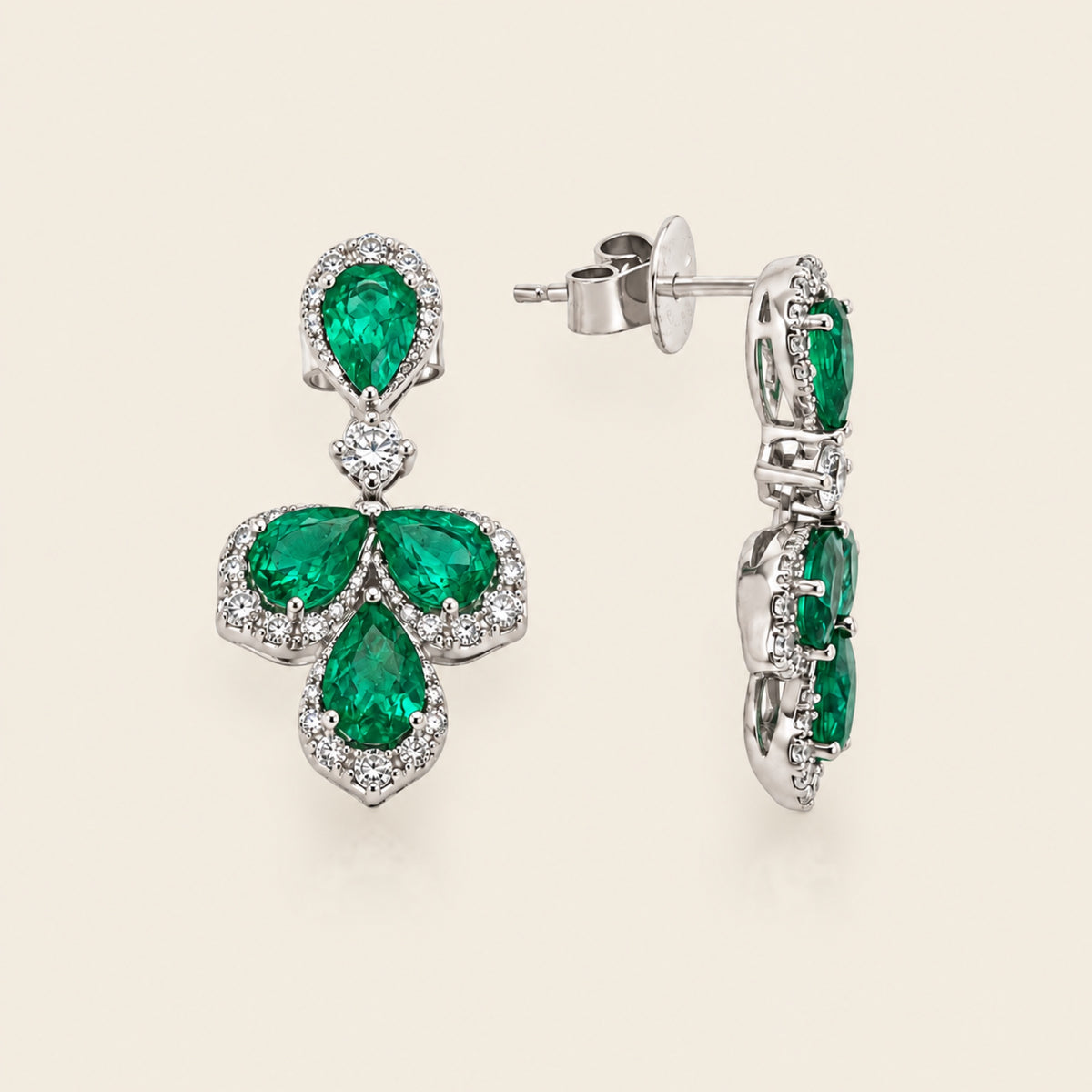 Aretes de Oro Blanco 14k con Esmeralda y Diamante
