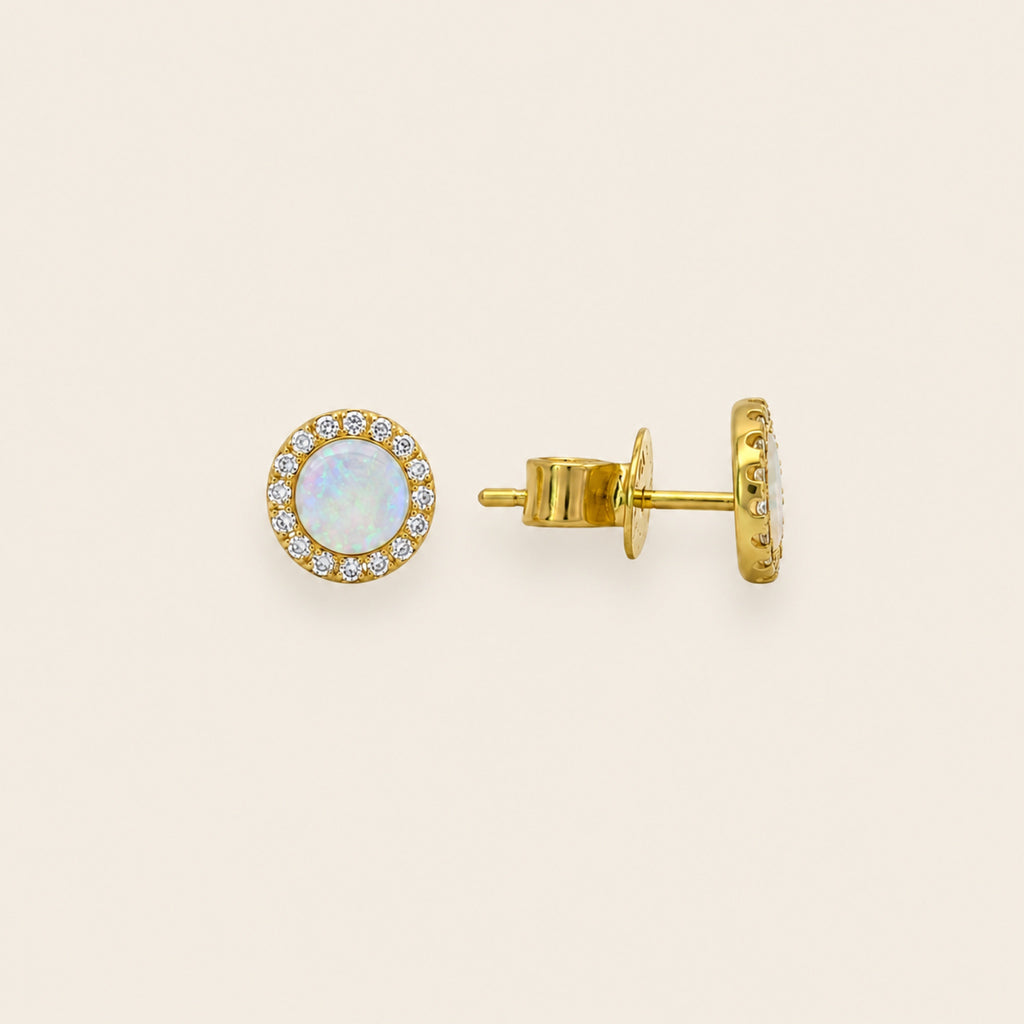 Broqueles de Oro Amarillo 14k con Ópalo y Halo de Diamantes