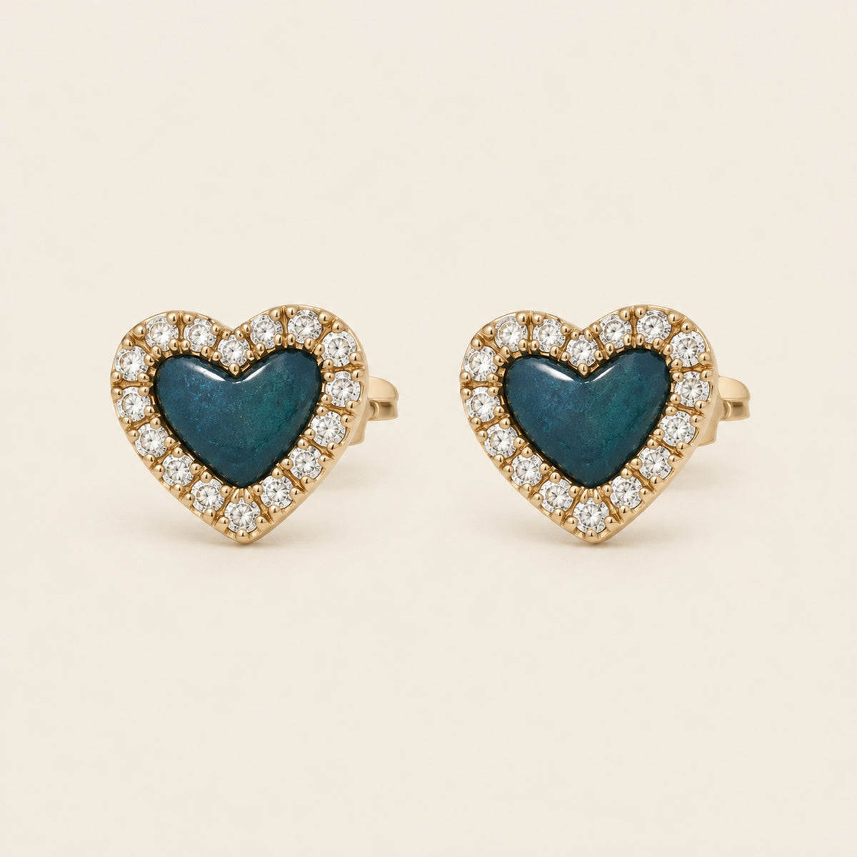 Broqueles Corazón de Oro Amarillo 14k con Piedra y Halo de Diamantes