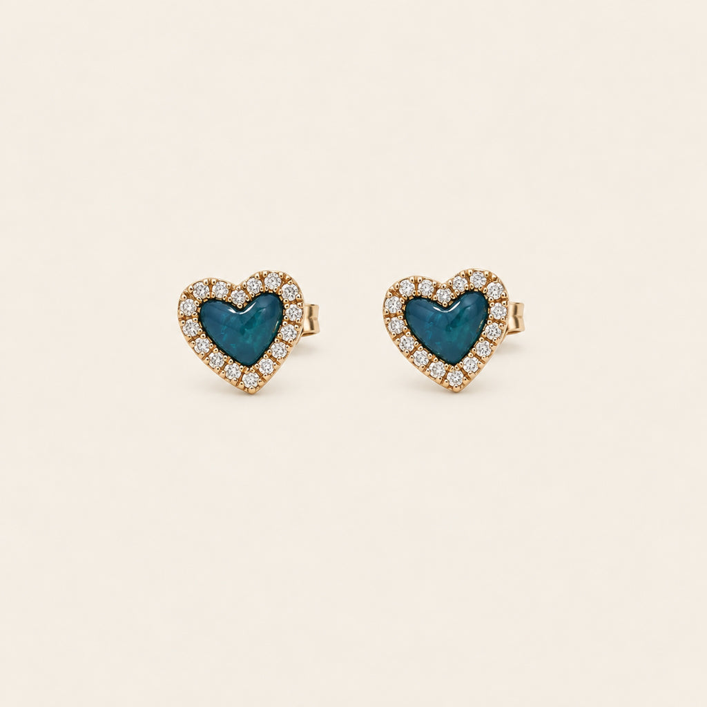 Broqueles Corazón de Oro Amarillo 14k con Piedra y Halo de Diamantes