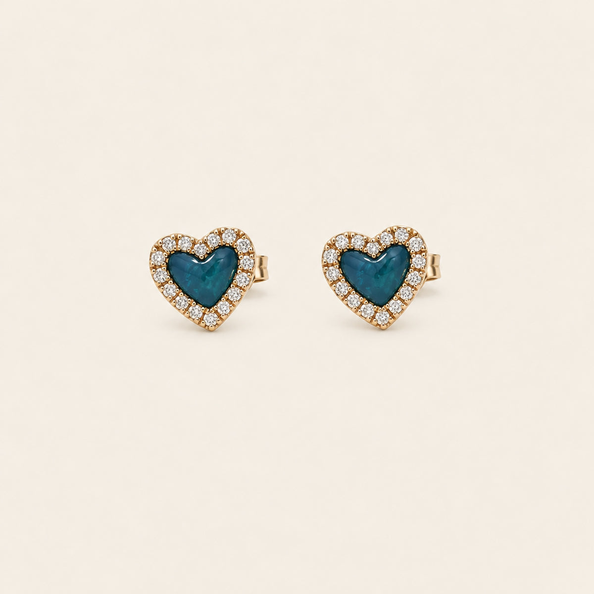Broqueles Corazón de Oro Amarillo 14k con Piedra y Halo de Diamantes