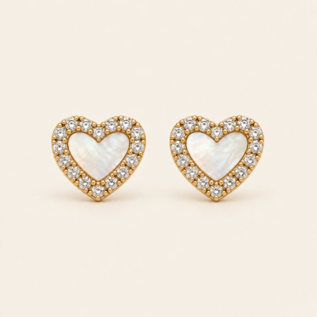 Broqueles Corazón de Oro Amarillo 14k con Piedra y Halo de Diamantes