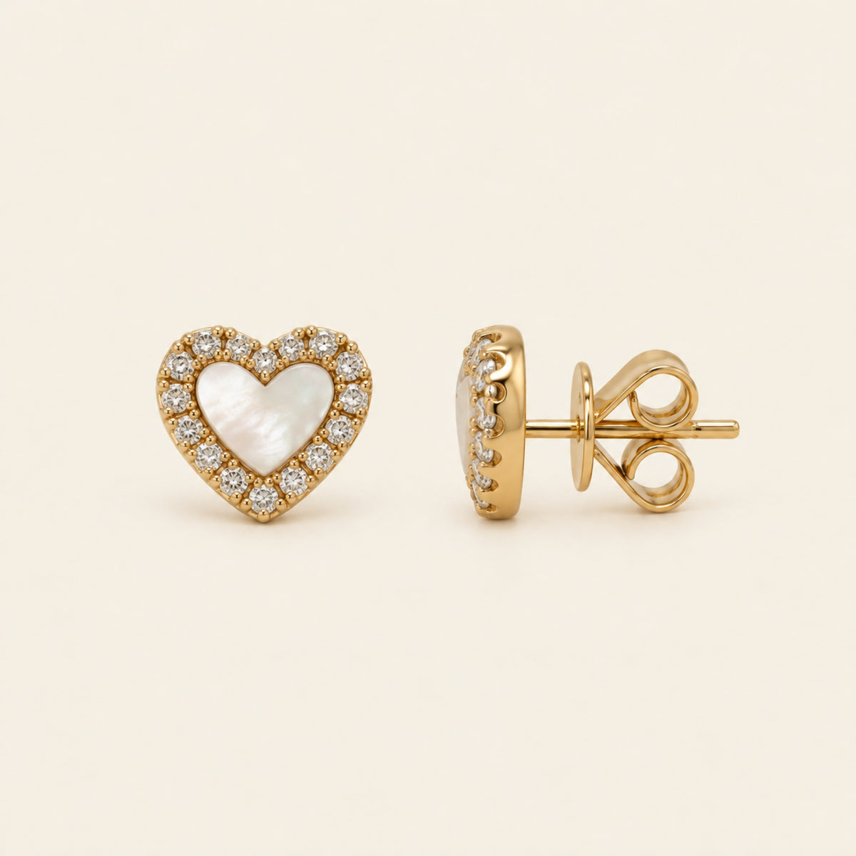 Broqueles Corazón de Oro Amarillo 14k con Piedra y Halo de Diamantes