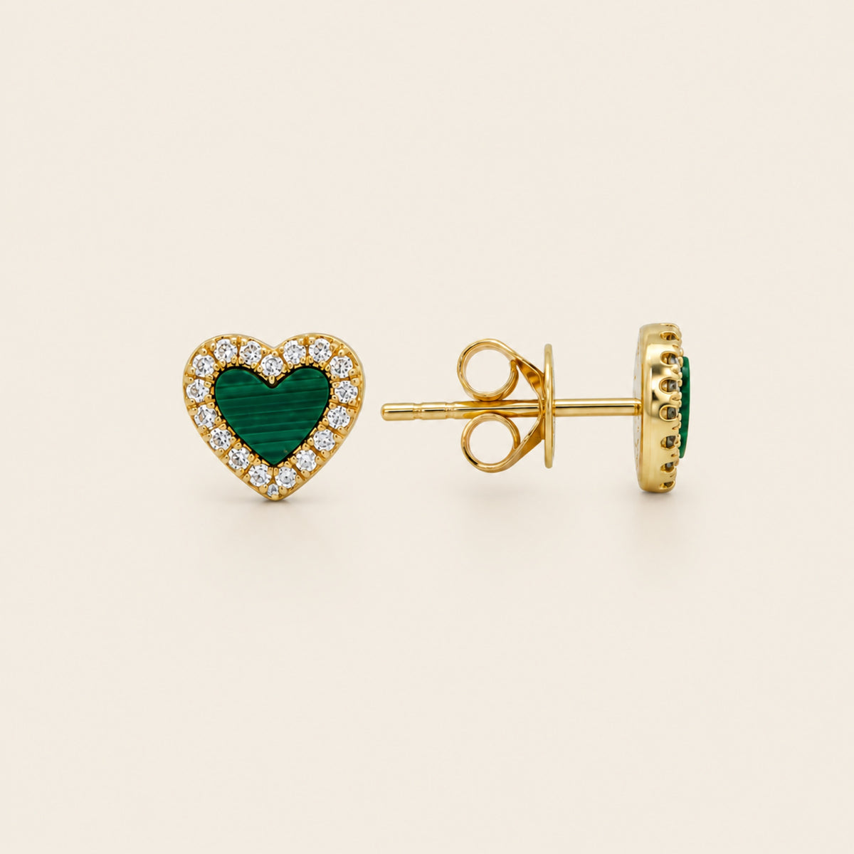 Broqueles Corazón de Oro Amarillo 14k con Piedra y Halo de Diamantes