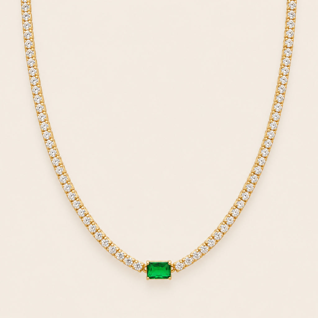 Collar Tennis de Plata 925 Dorada con Circonias y Piedra Verde