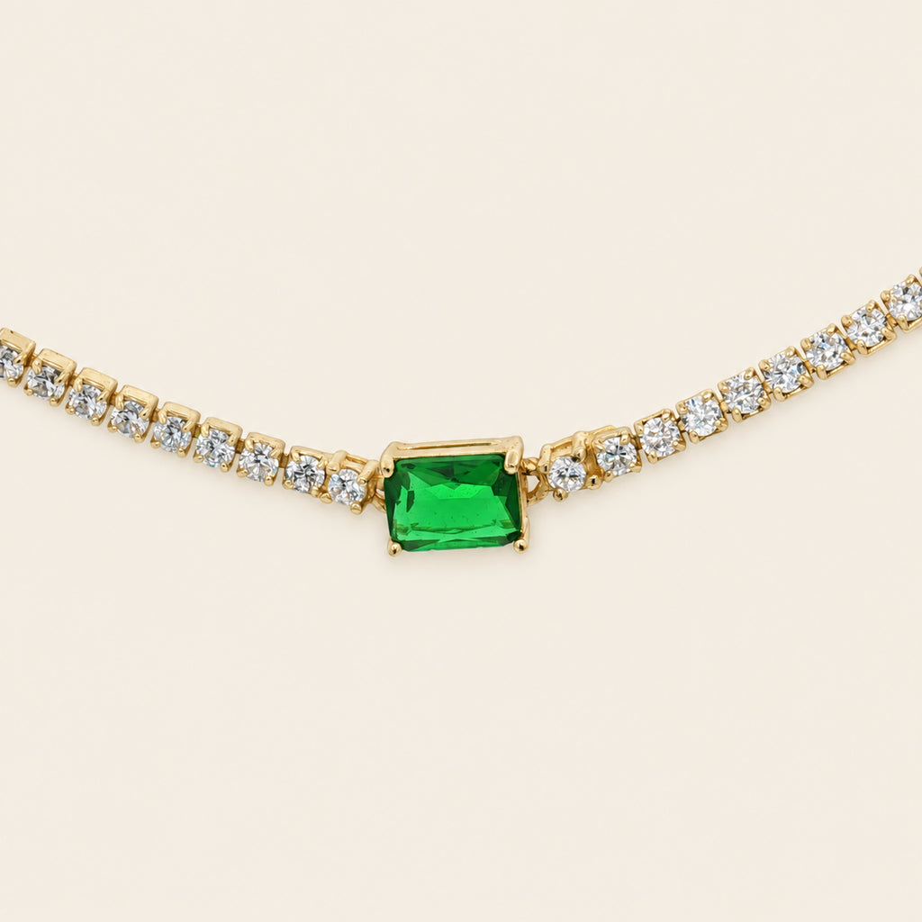 Collar Tennis de Plata 925 Dorada con Circonias y Piedra Verde