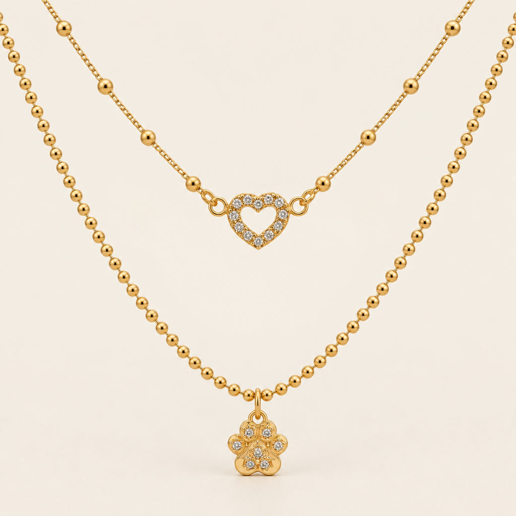 Collar Doble de Oro Laminado 18k con Corazón y Flor