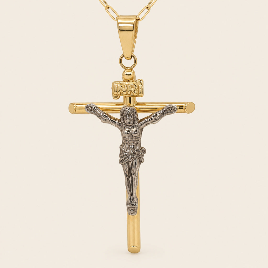 Dije de Crucifijo de Oro Amarillo 10k con Cristo en Oro Blanco