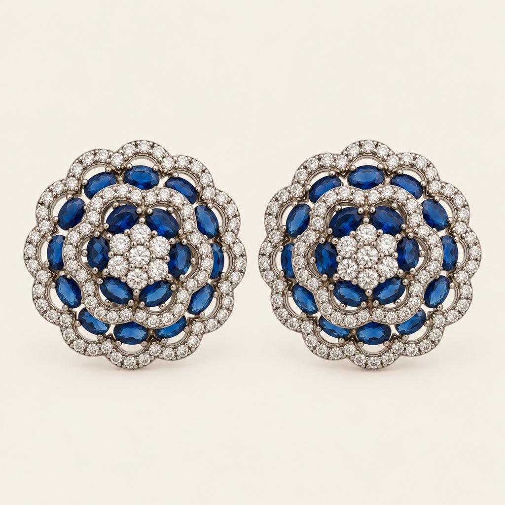 Broqueles Flor de Plata 925 con Piedras Azules y Circonias
