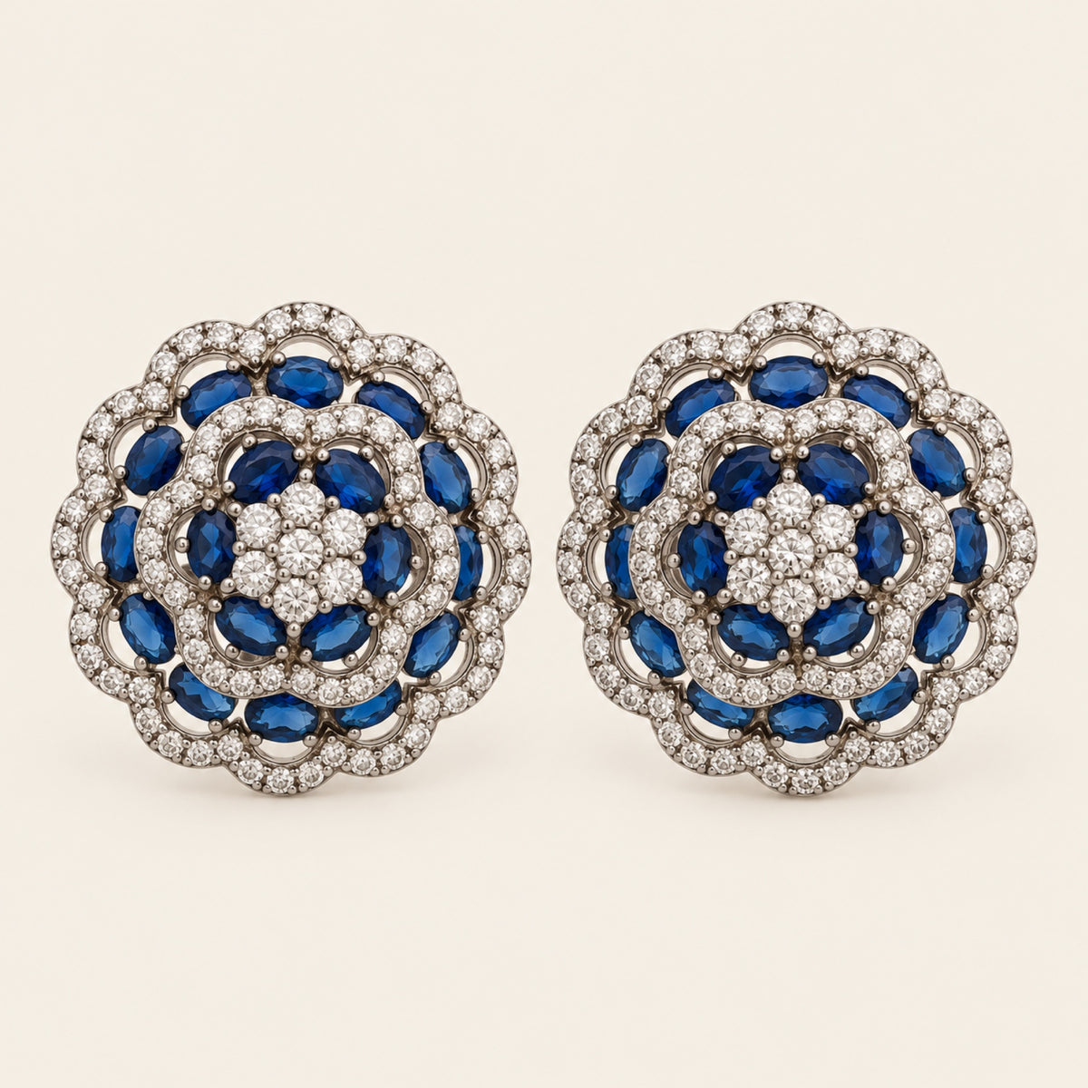 Broqueles Flor de Plata 925 con Piedras Azules y Circonias