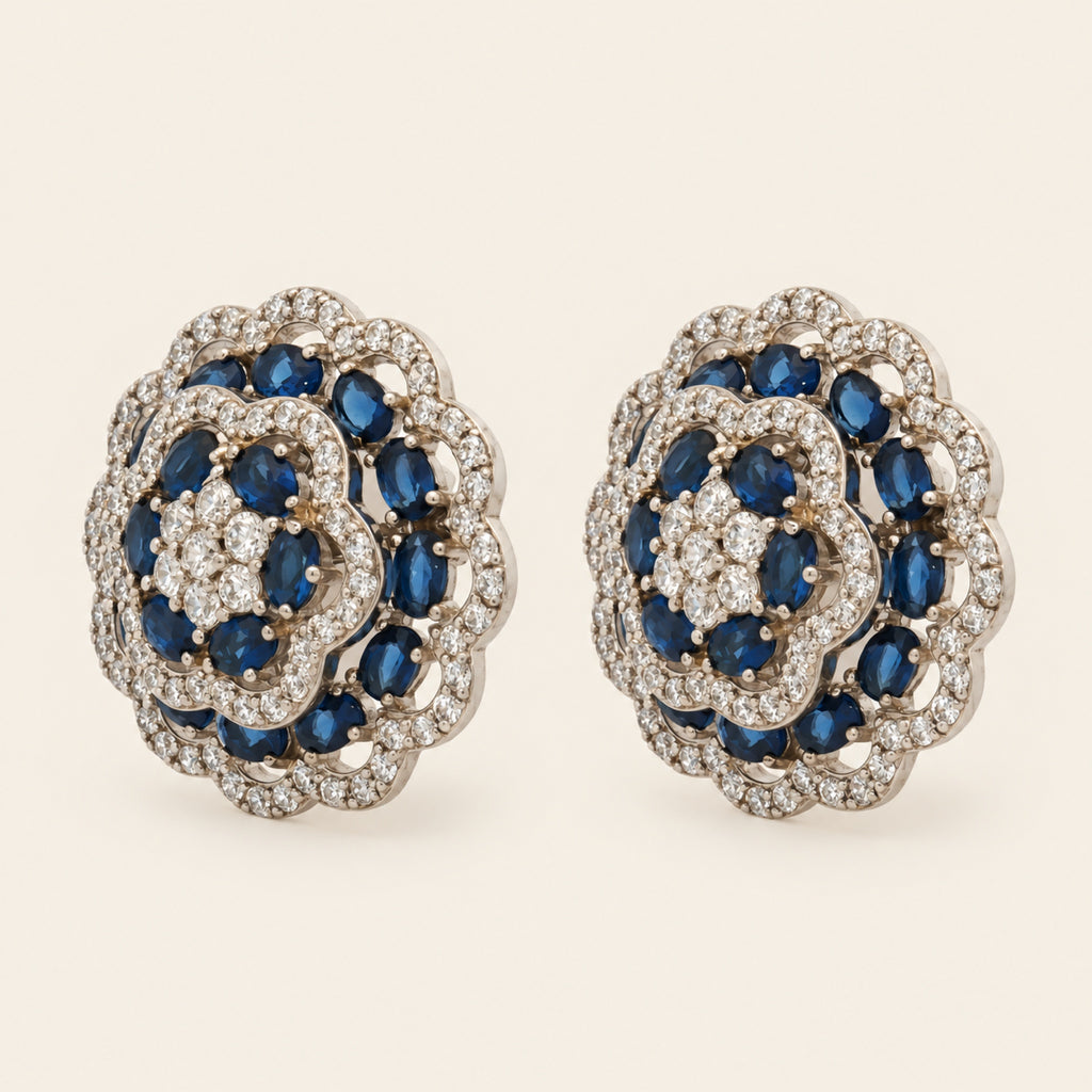 Broqueles Flor de Plata 925 con Piedras Azules y Circonias