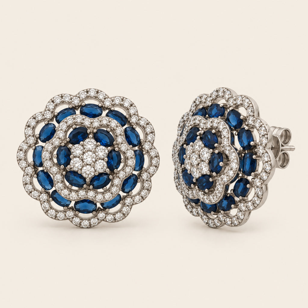 Broqueles Flor de Plata 925 con Piedras Azules y Circonias
