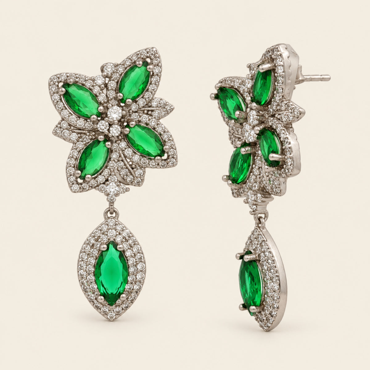 Aretes Largos de Plata 925 con Flor de Piedras Verdes y Circonias