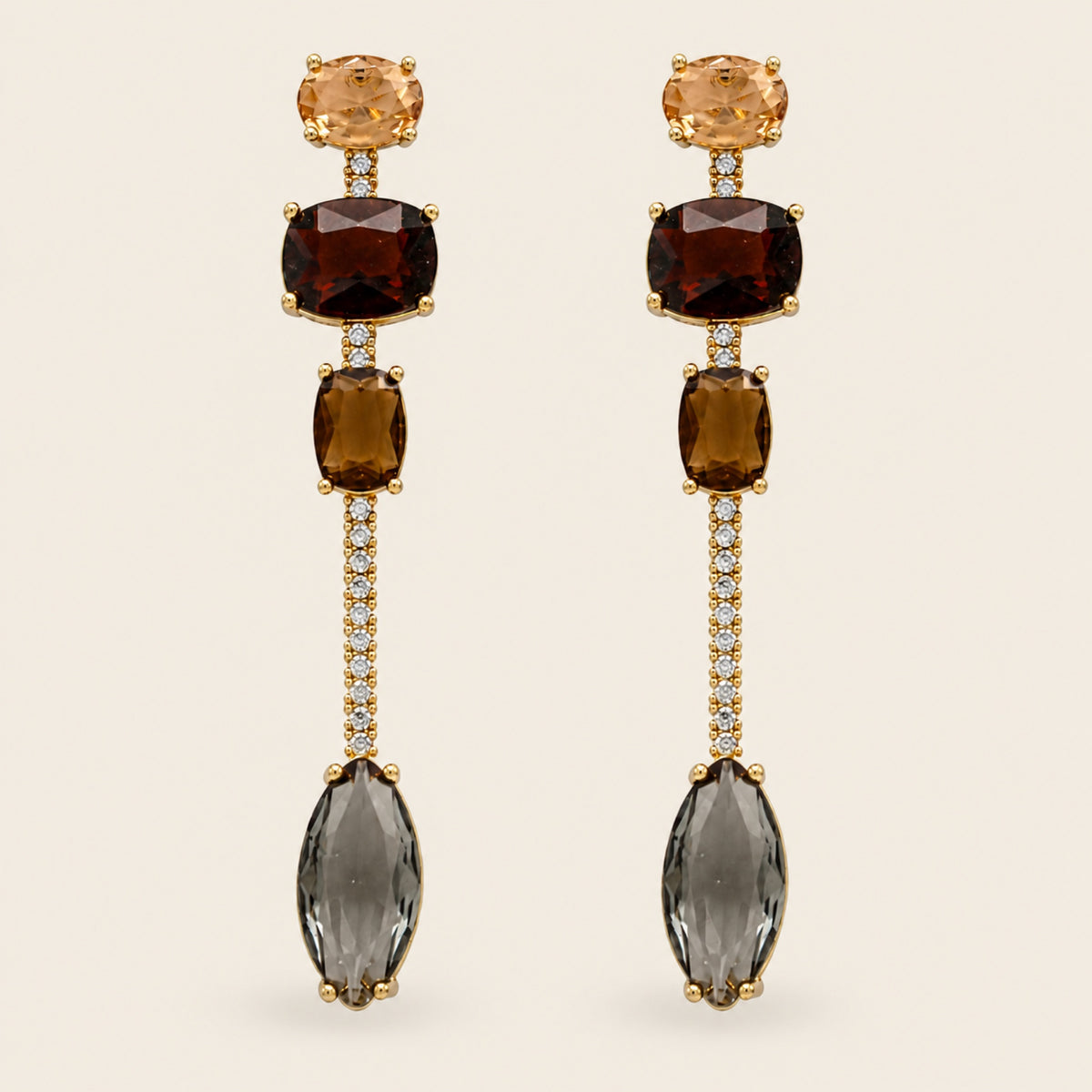 Aretes Largos de Oro Laminado con Piedras de Colores y Barra de Brillantes