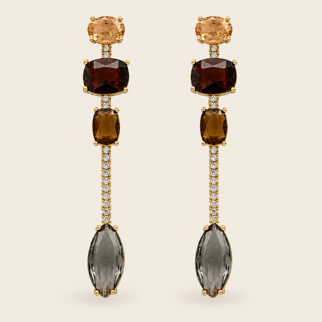 Aretes Largos de Oro Laminado con Piedras de Colores y Barra de Brillantes