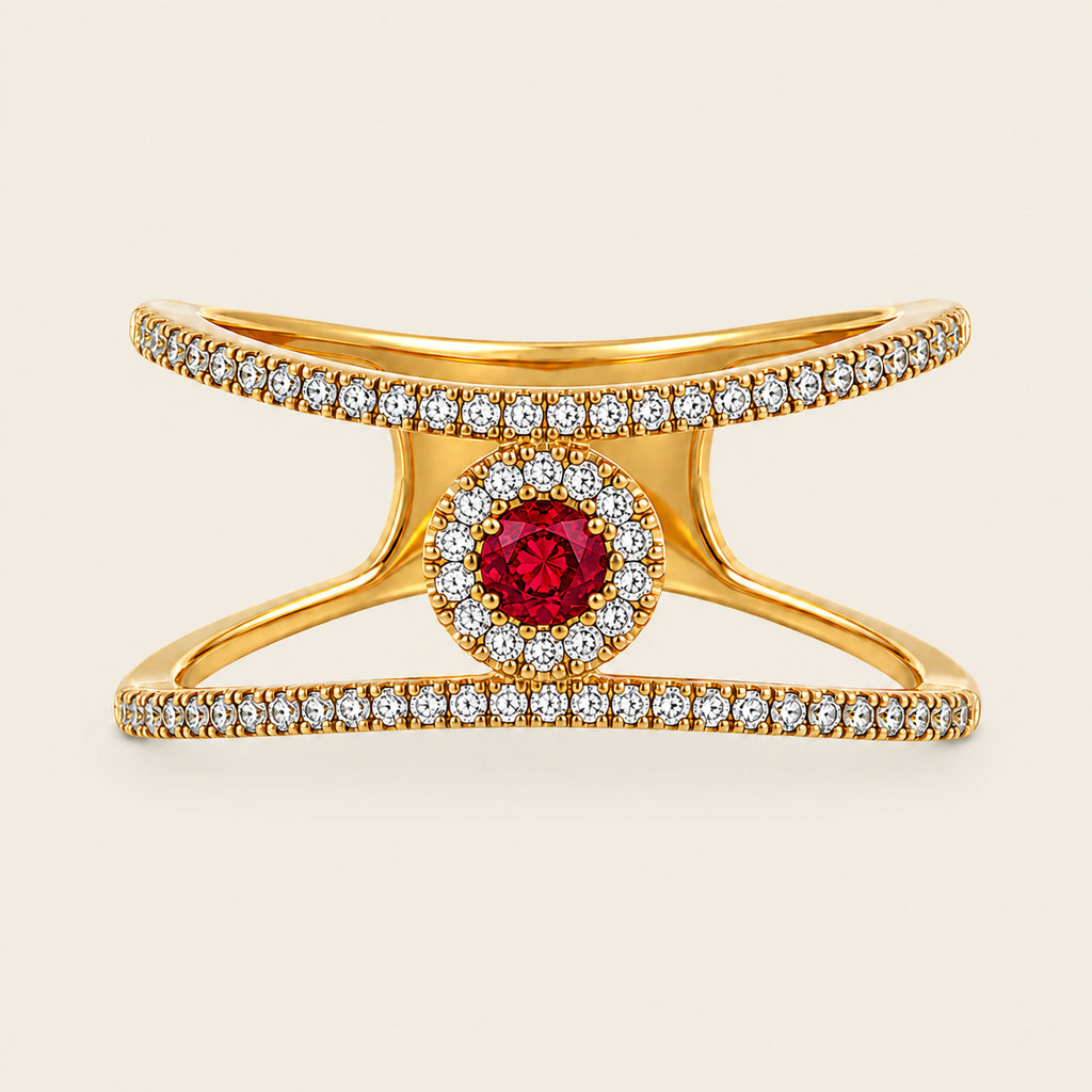 Aurora – Anillo de Oro Amarillo 14k con Rubí y Diamantes