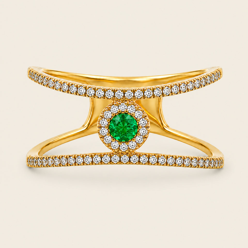 Regina – Anillo de Oro Amarillo 14k con Esmeralda y Diamantes